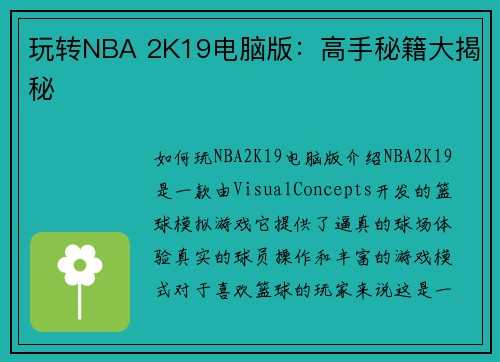 玩转NBA 2K19电脑版：高手秘籍大揭秘